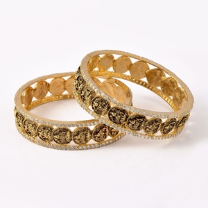 <b>Ruby</b> Gold Trendy Brass Wedding Bangle Pair 22K Gold Plated Bridal Bangles Traditional Indian Wedding Jewelry - Product Image 1