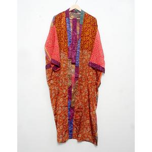 Indian Silk Sari Kimono V-neck Drawstring Closure Women's Maxi Robe Sleepwear Bridesmaid Maternity Bohemian Bathrobe Gown Front - Product Image 3