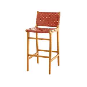 Tabouret de bar moderne en teck de luxe, tissé à la main en cuir, style nordique, fabrication directe d'usine - Product Image 1