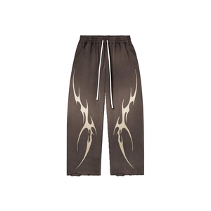 Suéter de punto jacquard marrón oscuro para hombre, cuello redondo, pantalón de chándal con estampado tribal, dobladillo deshilachado, cintura elástica, parte delantera de pantalón - Product Image 3