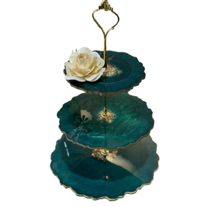 Emerald Green Geode Resin 3 Tier Cake <b>Stand</b> Handcrafted Marble Effect Dessert Display with Gold Trim For Weddings & <b>Tea</b> Parties - Product Image 1