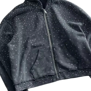 Sweat à capuche zippé de luxe avec strass, en polaire épais coupe-vent, personnalisable, unisexe, style streetwear tendance - Product Image 5