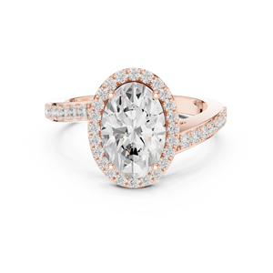 Anillo de compromiso de moissanita de corte ovalado con halo, diseño de pasamanos y tallo dividido, chapado en oro rosa sobre plata de ley para mujer - Product Image 1