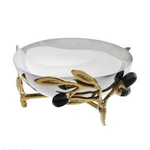 Elegante tazón de acero inoxidable martillado de lujo con mango de rama de olivo dorada y juego de cucharas, centro de mesa para ensalada de frutas. - Product Image 2