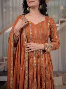 Contemporary Blooming Georgette Anarkali Costume With <b>Sequins</b> <b>Art</b> Dupatta And Tailored Pant Festive Heritage Apparel Women - Product Image 4