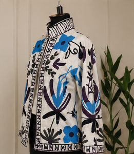 Vintage <b>Jacket</b> Cotton Blue Floral Print <b>White</b> Base Hand Embroidered Look Boho Statement Jaipuri Coat <b>Women</b> Outerwear Boutique - Product Image 4