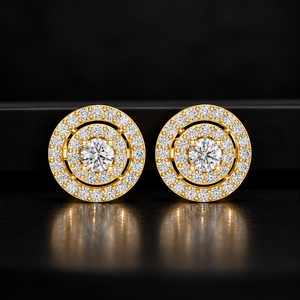 Boucles d'oreilles clous en or massif 14K 18K avec diamant de laboratoire taille ronde, double halo pavé, DEF VVS, bijoux fins pour mariage, cadeau, vente en gros - Product Image 1