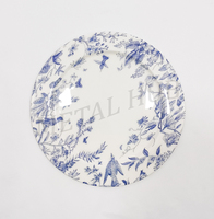 Assiette de présentation ronde décorative en métal avec motif floral émaillé oiseau bleu, vaisselle en acier inoxydable pour la mise en place de la table