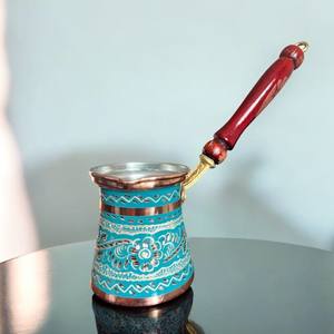 Cafetière turque artisanale en laiton avec poignée en bois, motif floral émaillé, Cezve traditionnelle pour la maison, le café, l'hôtel, idée cadeau - Product Image 2