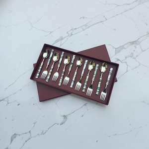<b>Silver</b> Plated Serving Spoons And Forks <b>Set</b> With Mother Of Pearl Handles Long Handle Dishwasher Safe Minimalist Design Wedding - Product Image 2
