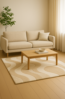 Tapis tufté à la main abstrait vague minimaliste sable et ivoire pour chambre douillette, salon et décoration de sol contemporaine