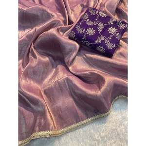 DERNIÈRE SAREE DE TRAVAIL EN DENTELLE DE SOIE TISSU AVEC BLOUSE INCOSÉE PÊCHE - Product Image 1