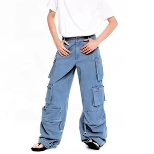 Pantalones Cargo de Mezclilla para Hombre, Corte Holgado, Cintura Media, Pierna Ancha, Estilo Casual Urbano, Color Sólido, Tela de Algodón, Estilo Veraniego - Product Image 1