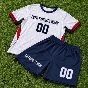 Private Label <b>White</b> Navy Soccer Kit Red Side Panels <b>Short</b> Sleeve Jersey and Matching <b>Shorts</b> with Team Name Number Options - Product Image 2