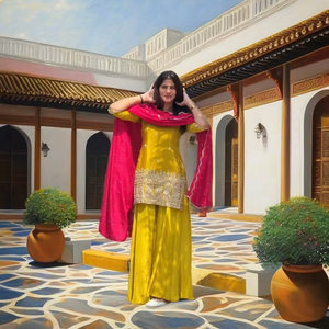 VISHNU K DESIGNS KD-1581 Ensemble Sharara Dupatta Haut de Gamme en Soie Crêpe Naturelle avec Broderie de Fil et de Paillettes Très Détaillée, Style Vintage pour Soirée - Product Image 1