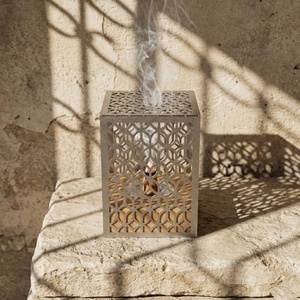 <b>Laser</b>-Cut Metal <b>Cube</b> Incense Burner - Geometric Patterned Screen With Wooden Base. Modern Arabic Decor For Home & Ramadan - Product Image 5