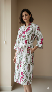 Vibrant Cotton Floral Bathrobe Women Magenta Rose <b>Block</b> Print Spa Robe Beautiful Morning Gown Soft Breathable Dressing Gown - Product Image 2