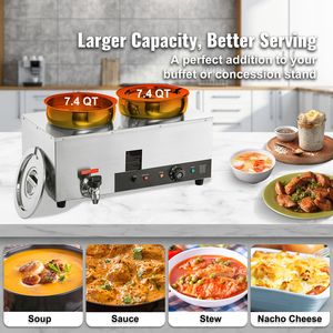 Scaldavivande Elettrico Commerciale Doppio da 7.4QT, 1200W, in Acciaio Inossidabile, con Temperatura Regolabile 86~185 Fahrenheit, Manuale - Product Image 5