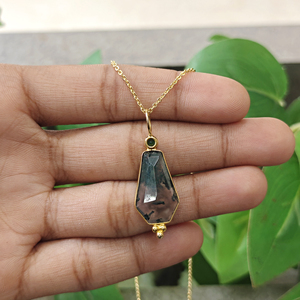 High quality natural moss agate <b>with</b> emerald cz accent pendant charms 18k gold plated coffin shape unisex wear jewelry necklace - Product Image 6