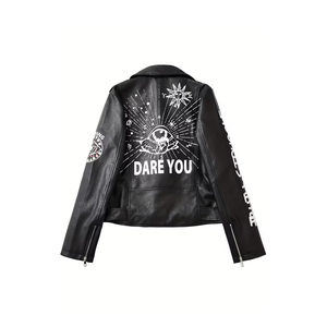 Women's PU <b>Leather</b> Windproof Lightweight Moto <b>Jacket</b> with Print Logo and Zipper Closure Regular Fit Full Sleeve Low Price - Product Image 2