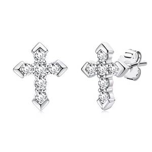 925 Sterling <b>Silver</b> Moissanite Cross <b>Stud</b> <b>Earrings</b> Round Brilliant Cut Claw <b>Set</b> Christian Jewelry Gift - Product Image 1