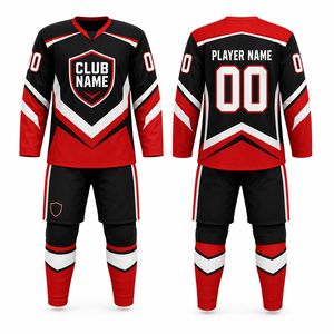 Ensemble de maillots de hockey sur glace personnalisés MEGAMAPLE, vêtements de sport pour hommes, noir, rouge, blanc, impression par transfert thermique, toutes saisons, 100% fait main - Product Image 1