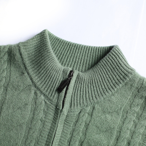 Men's Green Knitted Zipper <b>Cardigan</b> <b>Full</b> Sleeve Solid Color Autumn Sweater 100% Acrylic Regular Fit - Product Image 3