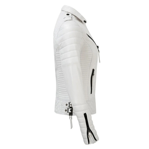 White PU Leather Windproof Women's Moto <b>Jacket</b> Quilted Zipper Closure Stand Collar Full Sleeve Spring Summer Autumn - Product Image 3