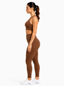 <b>Brown</b> 2-Piece Yoga Set Racerback Crop Top High-Waist Full-Length <b>Leggings</b> Seamless Solid Color Spandex/Nylon Quick Dry - Product Image 3