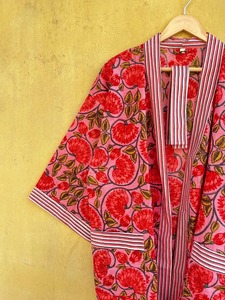 Robe Kimono en Coton Tissé à Col en V et Manches Trois-Quarts Imprimé Cerises pour Femme, Longueur Complète, Décontractée, Idéale pour le Printemps - Product Image 4