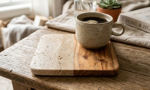 Luxury Artisan Crafted Beige Travertine <b>Marble</b> and Wooden <b>Coaster</b> Set for Modern Home and Dining Decor - Product Image 4