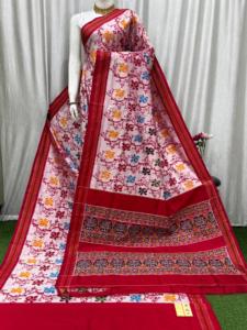 Traditional Indian <b>Red</b> Cotton <b>Saree</b> With Hand Drawn Floral Print For Women Wedding Wear Floor-Length Regular Fit - Product Image 4