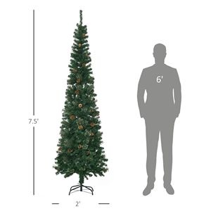 Albero di Natale Artificiale in Pino Sottile da 2,3 Metri con Rami Realistici e Pigne, Base in Metallo, Stile Matita Verde - Product Image 3