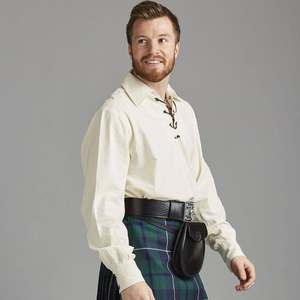 Chemise habillée en popeline de coton crème pour homme, motif tartan écossais Jacobite, avec col rabattu et laçage frontal, manches longues - Product Image 4