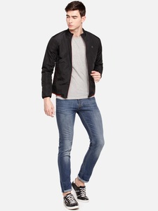 Chaqueta Bomber Negra para Hombre, Cortavientos, Cuello Alto, Cierre de Cremallera Frontal, Color Sólido, Corte Ajustado, para Otoño, Material de Poliéster - Product Image 5
