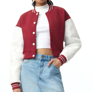Veste universitaire pour femme, style le plus récent, rouge et blanc contrastés, manches longues, col rabattu, longueur courte, pour l'automne - Product Image 2