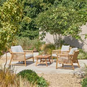 Ensemble de jardin contemporain avec canapé 2 places, deux chaises, meubles d'extérieur écologiques, durables, résistants aux intempéries, design en teck - Product Image 2