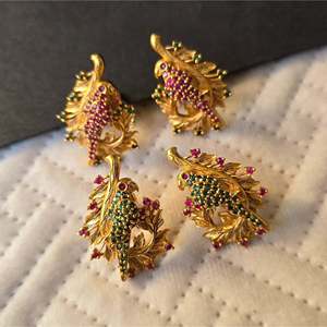 Gold Plated Brass Parrot Stud Earrings with Pearl and Diamond Accents - Product Image 2