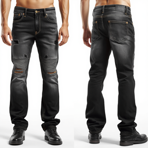 Pantalon en jean noir délavé pour homme moderne, avec construction en coton lourd de qualité supérieure et détails de style usés - Product Image 4