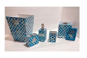 Blue Tile Customized Polyresin Eco-Friendly Four-Piece <b>Bathroom</b> <b>Accessories</b> <b>Set</b> Handmade Soap Dispenser Tumbler Tissue Holder - Product Image 5
