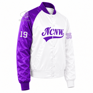 NCNW Sorority Women's <b>Purple</b> White Contrast Satin <b>Varsity</b> <b>Jacket</b> Snap Button Front Rib Knit Collar Cuffs College Wear - Product Image 2