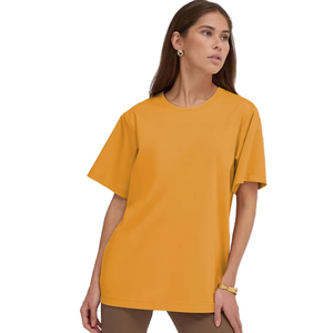 เสื้อยืดคอกลมโอเวอร์ไซส์สำหรับผู้หญิง สีเหลือง แขนสั้น ทรงหลวม ผ้าฝ้ายเจอร์ซีย์ถัก 100% สีพื้น ใส่ได้ทุกฤดู - Product Image 1