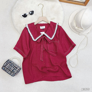 Women Formal Work Blouse with Short Sleeve Layered Sailor Collar and Bow Tie Solid Woven Simple <b>Top</b> ODM - Product Image 2