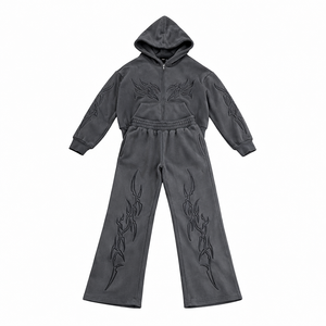 OEM Custom Vintage Streetwear <b>Hoodie</b> Sweatpants Set <b>Lightweight</b> Breathable Heat-Transfer Printed Polyester Fleece Split Hem - Product Image 1