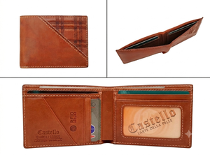 La Mejor Oferta, Cartera de Cuero Vacchetta Italiano de Alta Calidad, con Protección RFID, Diseño Bifold, para Tarjetas de Identificación, para Hombre, Color Marrón a Cuadros, Corta - Product Image 1