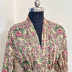 ชุดคลุมอาบน้ำผ้าฝ้ายยาวหรูหราสำหรับผู้หญิง คิโมโนลายดอกไม้สไตล์อินเดีย ตกแต่งด้วยลูกไม้ ชุดนอนสุดหรู - Product Image 1