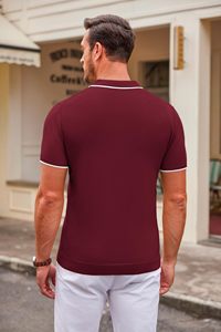 Polo de Manga Corta Color Granate para Hombre, Tejido de Algodón, Diseño Casual y Transpirable con Ribete Blanco en Cuello y Puños - Product Image 3