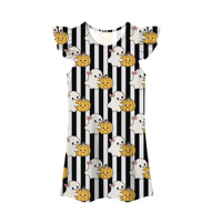 Robe imprimée Halloween pour filles, manches à volants, coupe trapèze, motif fantôme et citrouille de dessin animé, mignonne, longueur mini, col rond, en mousseline