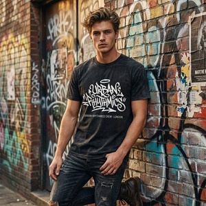 Camiseta de Algodón Negra para Hombre Urban Rhythmics Crew, Manga Corta, Corte Regular, Estilo Urbano, Diseño con Letras Estampadas, Cuello Redondo - Product Image 3