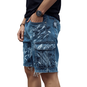 Premium Quality Men's Casual Denim Polyester/Cotton High Waist Breathable Button Fly Shorts with Multiple Pockets Loose Fit - Product Image 1